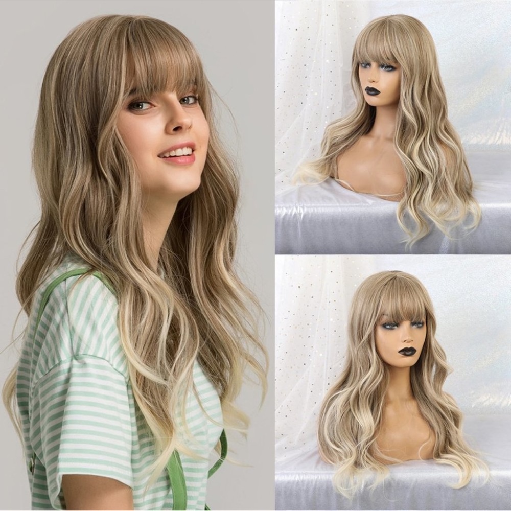 Ombre Ash Brown Blonde Middle Part Hair Long Natural Wave Wig